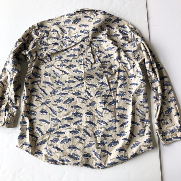 COLUMBIA Fish Print Long Sleeve Tan Button Up Shirt Mens Large Fishing Outdoor - Picture 2 of 7
